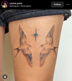 two birds flying next to each other on the side of a woman's thigh