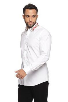 Shop for Paresh Lamba White Cotton Embroidered Collar Shirt for Men Online at Aza Fashions Formal Fitted Tops With Embroidered Cuffs, Fitted Cotton Shirt With Embroidered Cuffs, Formal Fitted Shirt With Floral Embroidery, Fitted Formal Shirt With Floral Embroidery, Collar Shirt Men, Embroidered Collars, Embroidery Floral, Collar Shirt, Collar And Cuff