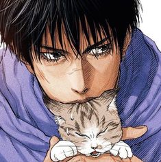 an anime character holding a cat in his arms and looking at the camera man's face