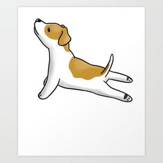 a brown and white dog is flying through the air with its head tilted to the ground