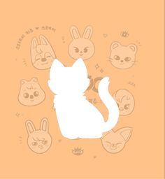 a white cat sitting in front of an orange background with cats and rabbits around it