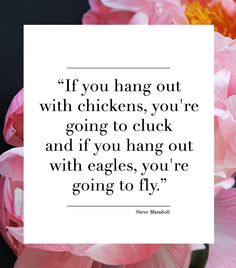 a pink flower with a quote from steve marshall about if you hang out with chickens, you're going to click and if you hang out with eagles, you're going to fly