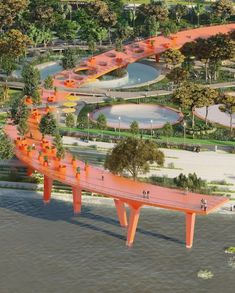 an artist's rendering of a bridge over water with people walking on the bridge