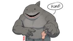 a cartoon character is holding his hand up to the mouth of a shark that appears to be smiling