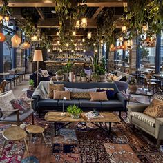 a living room filled with lots of furniture and plants hanging from the ceiling above it