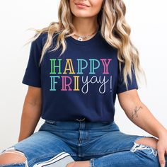 Get ready to celebrate the end of the school week with our "Happy Fri-yay Teacher T-Shirt"! This playful and comfortable t-shirt is perfect for educators who want to add a touch of fun to their Friday attire. This "Happy Fri-yay Teacher T-Shirt" is the perfect addition to your wardrobe and a great gift for your favorite educators. Embrace the weekend with style and enthusiasm! Order yours today and enjoy the comfort and joy it brings to your Fridays. Mockups are used for demonstration purposes o Trendy Blue T-shirt For School, Blue Fun T-shirt For Back To School, Cute Blue T-shirt For End Of School Year, Blue Crew Neck T-shirt For Back To School, Trendy Blue School T-shirt, Blue Crew Neck Tops For Back To School, Finally Friday Humor, Tgif Funny, Fri Yay