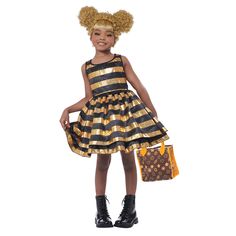 Buzz into Halloween in our LOL Surprise Queen Bee Girls Costume and create a buzz-worthy transformation! This outfit is a fun and adorable costume that will have your little girl buzzing with excitement. Based on the popular LOL Surprise dolls, this costume is a perfect choice for any little girl who loves to dress up in unique and charming costumes. Your little gal will feel like a true queen bee, ready to buzz around and have a blast with her friends this holiday! br/> This item features a gold and black striped dress, an underskirt, a wig, an LOL bag and a surprise gift. The bee-inspired dress features a round collar and a full skirt. This costume is perfect for any little girl who loves the LOL Surprise dolls or just wants to be a cute and buzzing bee for Halloween. With the added bag Queen Bee Costume, California Costumes, Bee Costume, Fancy Dress Up, Theatre Costumes, Girls Rules, Halloween Costumes For Girls, Surprise Gift, Queen Bee