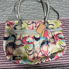 Multicolor Coach Purse. Never Used. Silver Straps. 14 1/2 In. By 11 1/2 Bags Coach, Coach Purse, Coach Purses, Coach Handbags, Coach Bags, Shoulder Bags, Bag Lady, Purse, Shoulder Bag