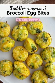 broccoli egg bites on a white plate with text overlay that reads toddler - approved broccoli egg bites