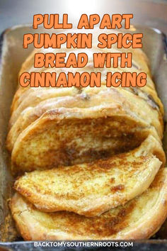 pumpkin spice bread with cinnamon icing in a pan