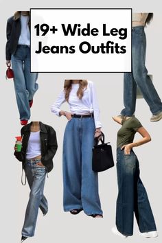 Here are the best wide leg jeans outfits that are trending right now. Click to learn more! Extreme Wide Leg Jeans, Denim Wide Leg Pants Outfit High Waist, Wide Leg Jeans Outfit Over 40 Women, Wide Leg Dark Jeans Outfit, Widelegjeans Outfit Winter, Dark Wide Leg Jeans Outfit, Denim Wide Leg Pants Outfit, Jeans Wide Leg Outfits, Short Torso Long Legs Outfits