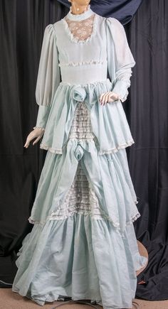 Cottagecore Prairie Dress With Ruffles For Wedding, Victorian Prairie Wedding Dress With Ruffles, Victorian Prairie Dress With Ruffles For Wedding, Blue Vintage Victorian Dress With Ruffles, Light Blue Vintage Dress With Ruffles, Vintage Light Blue Dress With Ruffles, Vintage Light Blue Ruffled Dress, Vintage Costume Gown With Ruffles, Vintage Ruffled Gown For Costume