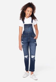 Dark Wash Distressed Jean Overalls | Justice Jeans Trendy, Bermuda Jean Shorts, Denim Bottoms, Types Of Jeans, Pull On Jeans