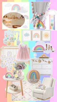 a collage of pastel rainbows, clouds, and baby's crib