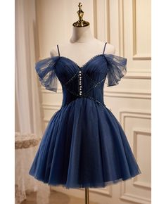 Get 10% off now! Buy navy blue short tulle homecoming prom dress with beadings at cheap price online. Free stable shipping and pro custom service since 2009. Mid Length Prom Dresses, Pearl Hoco Dress, Dresses For 8th Grade Graduation, Navy Blue Prom Dresses, Beaded Party Dress, Dama Dresses, Mini Prom Dresses, Tulle Homecoming Dress, Dresses Club