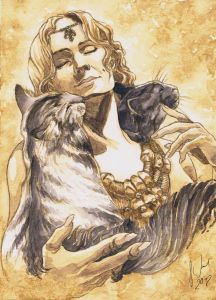 a drawing of a woman holding a cat and dog