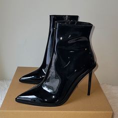 Brand New In The Box Steve Madden Valley Patent Leather Bootie Faux Patent Leather Upper Inside Zipper Closure Pointed Toe 4" Heel Height 8" Shaft 9" Circumference Synthetic Outsole Fabric Lining Size Us 7 Imported High-top Patent Leather Party Heels, High-top Patent Leather Heels For Party, Patent Leather Party Heels, Winter Patent Leather High Ankle Heels, Winter Patent Leather High Heels, Pointed Toe Faux Leather Platform Boots For Evening, Winter High Heel Patent Leather Heeled Boots, Pointed Toe Platform Boots In Faux Leather For Evening, Winter High Heel Patent Leather Boots