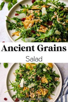 two plates filled with salad and the words ancient grains salad on top are shown above