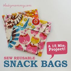 two small pieces of fabric with the words sew reusable snack bags