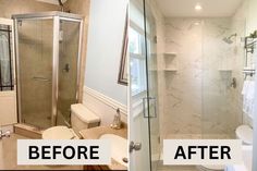 before and after photos of a bathroom remodel with marbled walls, tile flooring and shower