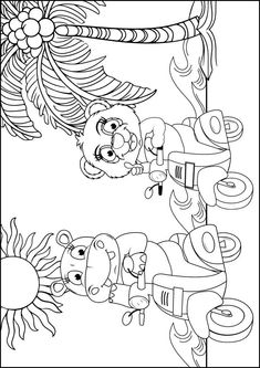 a coloring book page with an image of two cartoon animals in the jungle, one is holding