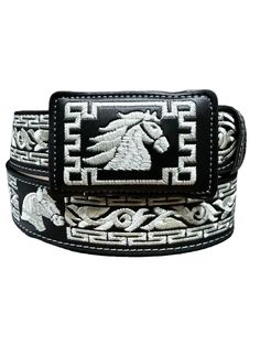 high quality leather embroidered belt These belts compliment cowboy/cowgirl buckles perfectly belt design/pattern may be slightly different than images shown Interchangeable buckle  Made in Mexico We recommend going one size up from jean size EX: if you are a 34 in jeans we would recommend a size 36 in belt Please measure to ensure you are selecting correct size any questions please send us a message measures about 40mm width Black Western Belt, Belt Pattern, Horse Black, Needlepoint Belts, Cowboy Belt, Embroidered Belt, Vintage Chanel Handbags, Western Belt Buckles, Coach Belt