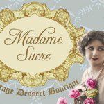 a woman holding flowers in front of a sign that says madame suce on it