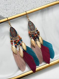 National Original 5 Colors Feather Tassels Beads Chains 6 Colors Earrings CREAMY WHITE-FREE SIZE Geometric Bracelet, Unusual Earrings, Exotic Fashion, Friend Bracelets, Creative Personality, Feather Pendant, Couple Bracelets, Bead Charm Bracelet, Engagement Jewelry