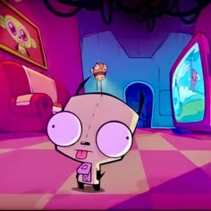 an animated cartoon character standing in front of a tv screen and looking at the viewer