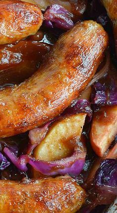 some sausages and onions are in a bowl