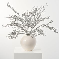 a white vase filled with silver branches on top of a white table next to a wall