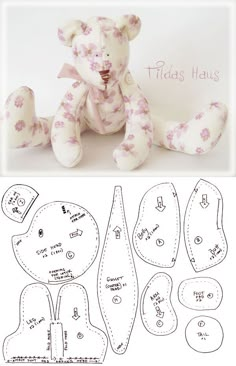 the teddy bear is sitting next to its cut out pattern and instructions for making it