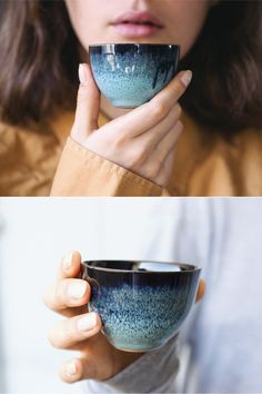 a woman holding a cup in her hands and another photo with the same coffee cup