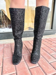 Step out with confidence and style with these {Corkys} YOLO- Black Glitter boots! Show off your fashion sense with their 3in heel, square toe, and knee-high silhouette. Plus, an inside zipper ensures an easy fit and a secure wear all day long. Shine bright in these sparkling boots! 3in heel knee high inside zipper square toe in in between sizes, size up. Black Glitter Boots, Sparkle Boots, Glitter Boots, Black Glitter, Shine Bright, Fashion Sense, Knee High, Swift, Sense