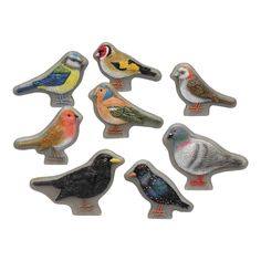 six birds are sitting on top of each other in the shape of magnets that look like they have different colors