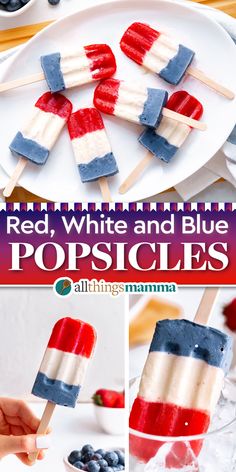 Red White and Blue Popsicles social collage image Fourth Of July Popsicles, Red White Blue Popsicles, Homemade Popsicles For Kids, Popsicle Recipes For Kids, 4th Of July Popsicles, Baby Popsicles, Red White And Blue Popsicles, Summer Popsicle Recipes, Blue Popsicles