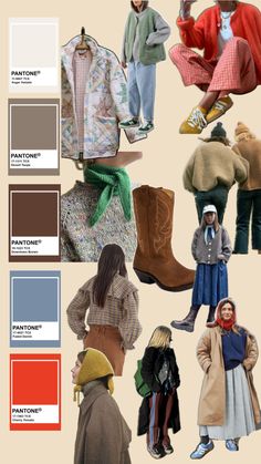 Pantone colors on the left in white, taupe, brown, blue, and red. Various girls wearing gingham pants, vests, trench coats, bulky sweaters, and track pants. Large images of neck kerchief, cowboy boots, and a quilt coat. Copenhagen Street Style Winter, Nordic Street Style, Fall Nyc, Wes Anderson Style, Copenhagen Street Style, Autumn Fits, Street Fashion Men Streetwear, Copenhagen Style, Wes Anderson