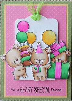 a beary special friend card with balloons and gifts