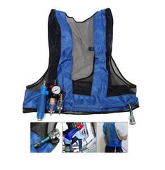 the back of a blue vest with tools in it and an image of its contents