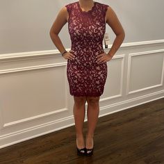 Completely New Size 5 Elegant Fitted Dresses For Holiday, Fitted Knee-length Mini Dress For Holiday, Elegant Sleeveless Midi Dress For Holiday, Red Fitted Sleeveless Lace Dress, Red Fitted Lace Dress Sleeveless, Red Sleeveless Fitted Lace Dress, Elegant Burgundy Mini Dress For Spring, Fitted Burgundy Holiday Dress, Fitted Burgundy Dress For Holiday