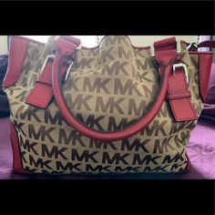 Brown And Red Michael Kors Handbag Used With A Few Marks With Matching Wallet Red Travel Satchel With Branded Hardware, Red Satchel Bag With Branded Hardware, Red Bags With Branded Hardware For Errands, Michael Kors Handbag, Red Handbag, Handbags Michael Kors, Red Brown, Large Bags, Lady In Red