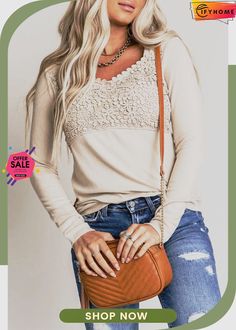 Beige Lace Crochet V Neck Long Sleeve Top Casual Fall Lace Patchwork Top, Fall Crochet Lace Stretch Tops, Beige Stretch Top With Crochet Lace, Beige Stretch Crochet Lace Top, Beige Lace Tops For Layering, Beige Lace Trim Tops For Fall, Beige Long Sleeve Crochet Top For Spring, Casual Long Sleeve Beige Lace Top, Knit Lace Top For Spring