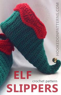 two crocheted slippers sitting on top of each other with the words elf slippers written below them