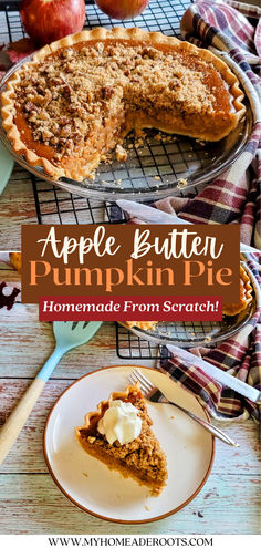 an apple butter pumpkin pie with a slice missing from it