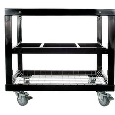 a black cart with two shelves on wheels