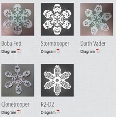 four different snowflakes are shown in the form of an origami star