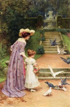 a painting of two girls and birds in front of a staircase with steps leading up to them