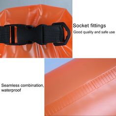 an orange waterproof bag with black straps and buckles on the front, and side view