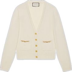 Luxury Gucci V-neck Outerwear, Gucci Luxury V-neck Cardigan, Classic Gucci V-neck Cardigan, Luxury Gucci V-neck Cardigan, Gucci Designer V-neck Cardigan, Luxury Fitted Cardigan For Formal Occasions, Gucci V-neck Winter Outerwear, Elegant Gucci Outerwear, Classic White Gucci Outerwear