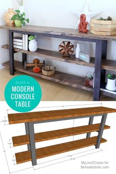 an image of a wooden table with shelves on it and text overlay that reads, how to build a wood working bench